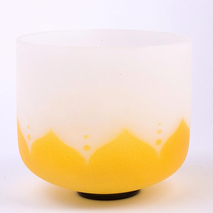 Leize Quartz Crystal Singing Bowl 432hz E Note Solar Plexus Chakra Yellow Lotus Design 10" Wide with Suede Striker - Bloomnest