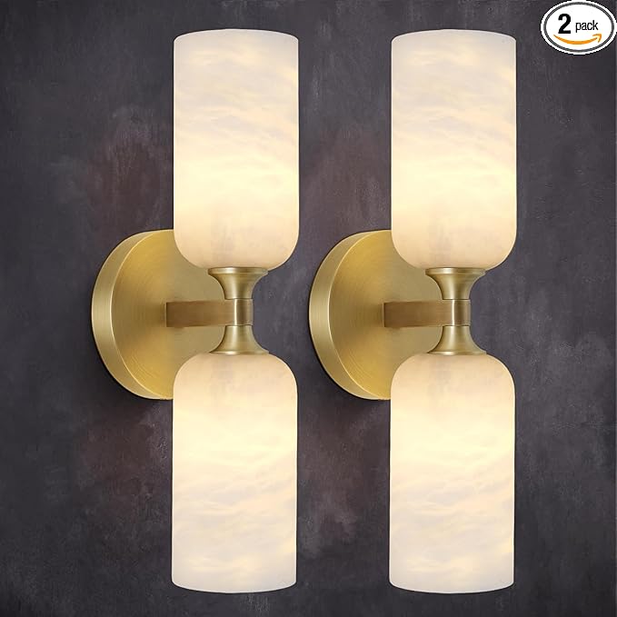 Alabaster Wall Sconces Set of Two, 14in Modern Spanish Natural Marble Bathroom Vanity Sconces, Brass Alabaster Sconce Wall Lighting, Gold Wall Light Fixtures Decor for Bedroom Living Room Staircases - Bloomnest