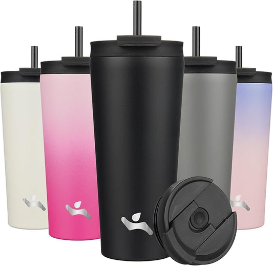 22 OZ Insulated Tumbler with Lid and 2 Straws Stainless Steel Water Bottle Vacuum Travel Mug Coffee Cup,Black - Bloomnest