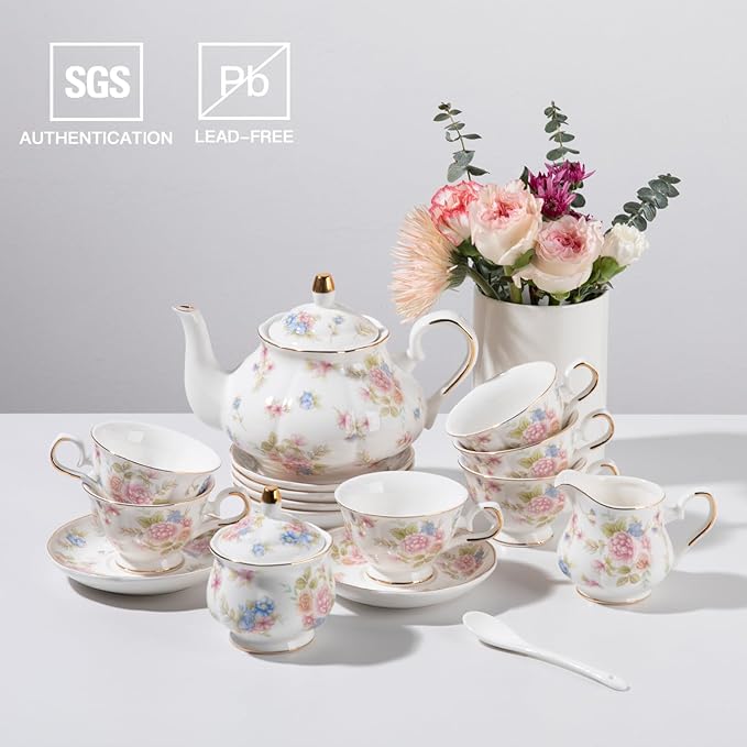Sweejar Ceramic Teapot with Infuser, Floral Relief Gold Rimmed Teapot, 29 OZ Porcelain Tea Pot for Blooming and Loose Tea, Coffee...(Small Flower) - Bloomnest