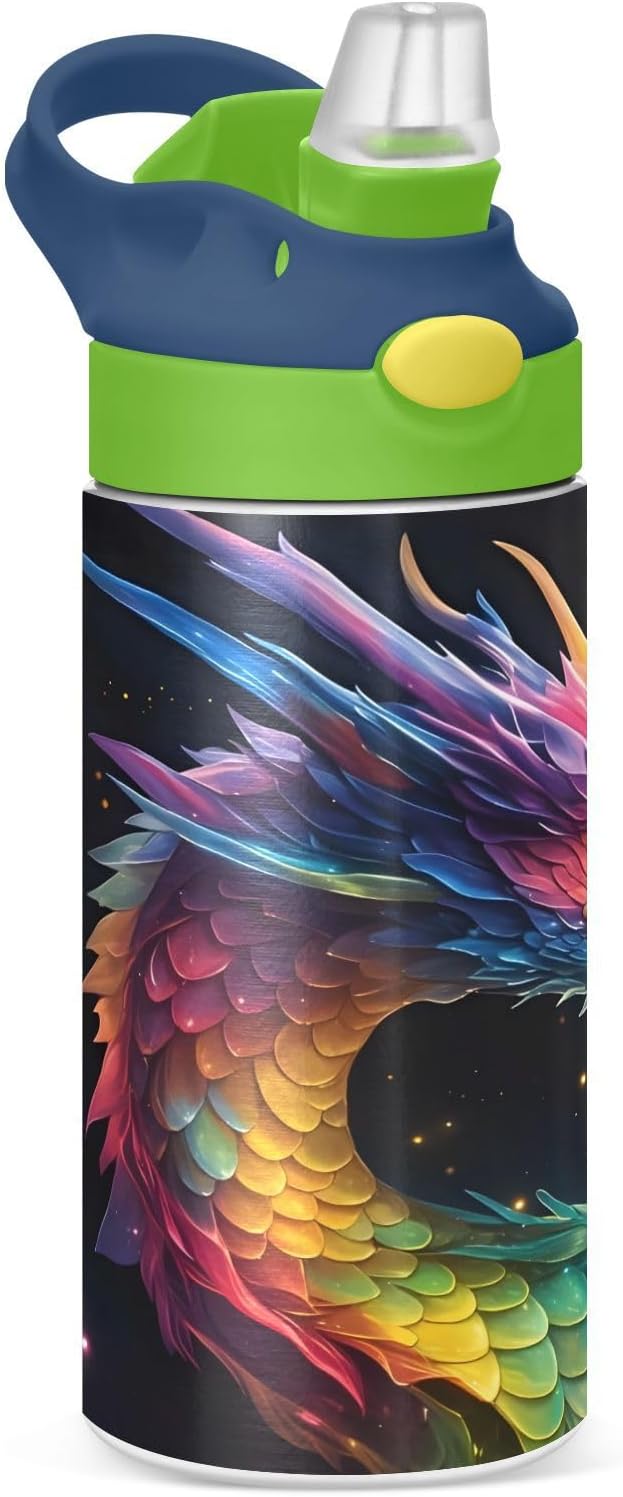 Dragon Galaxy Colorful Kids Water Bottle with Straw Lid Insulated Tumbler with Handle Stainless Steel Reusable Toddlers Cup for Kids Boys 12 oz - Bloomnest