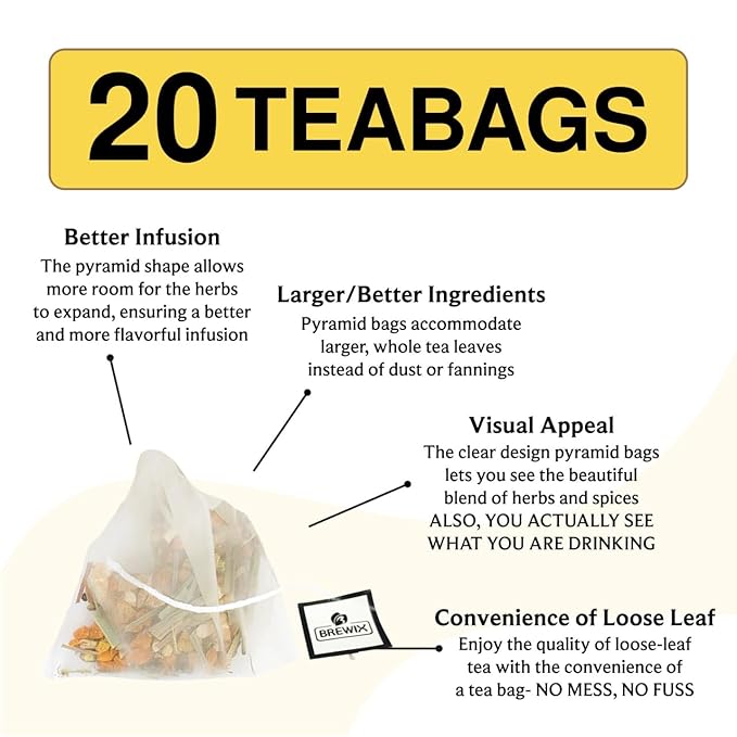 BREWIX, Turmeric Ashwagandha Herbal Tea Bags (20 Pyramid Tea Bags) Adaptogenic Herbs for Stress & Mood Support | Evening Calm & Sleep Support | Real Ingredients From India, Caffeine Free & Naturally Gluten Free | 100% Pure Herbal Blend Packed in Reseal... - Bloomnest