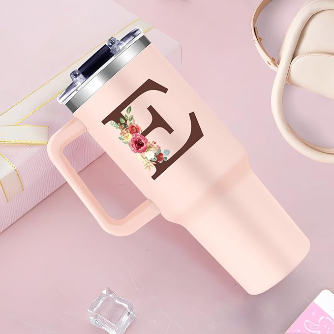 Monogrammed 40oz Tumbler with Handle for Women, Personalized Birthday Gifts for Women,Initial Cups for Woman Floral Letter E,Customized Gifts for Female Lady Gift for Mothers Day Christmas - Bloomnest