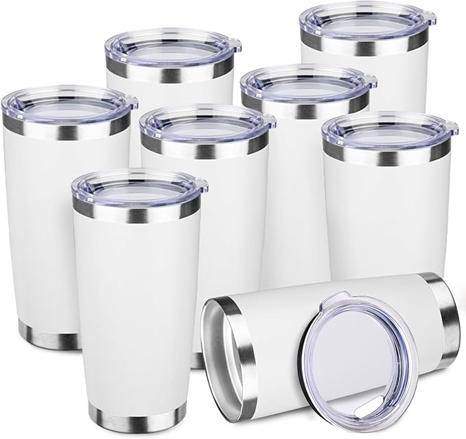 StarSpeed 20oz Tumbler Bulk with Lid, Stainless Steel Insulated Tumblers Double Wall Vacuum Insulated Travel Mug, Powder Coated Coffee Cups for Hot and Cold Drinks(White,8) - Bloomnest