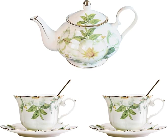 Vintage Floral Porcelain Bone China Tea Set - 1 Teapot, 2 Cups & Saucers with Gold Trim, Includes 2 Spoon (White Camellia) - Bloomnest