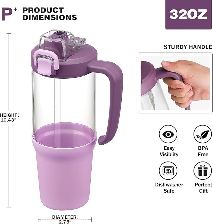 32 oz Glass Tumbler with Handle, 2-in-1 Straw and Sip Spout, Leakproof, BPA-Free Glass Water Bottle for Sports, Office, School, Lilac - Bloomnest