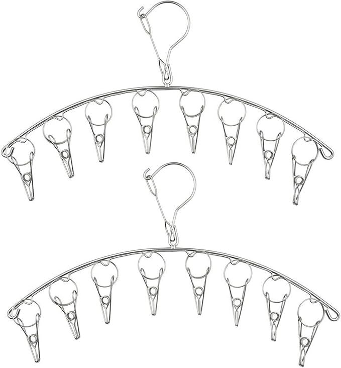 2Pcs Clothes Drying Hanger with 16 Clips, Stainless Steel Sock Air Drying Rack, Windproof Anti-Lost for All Small Laudry Item and Herbs - Bloomnest