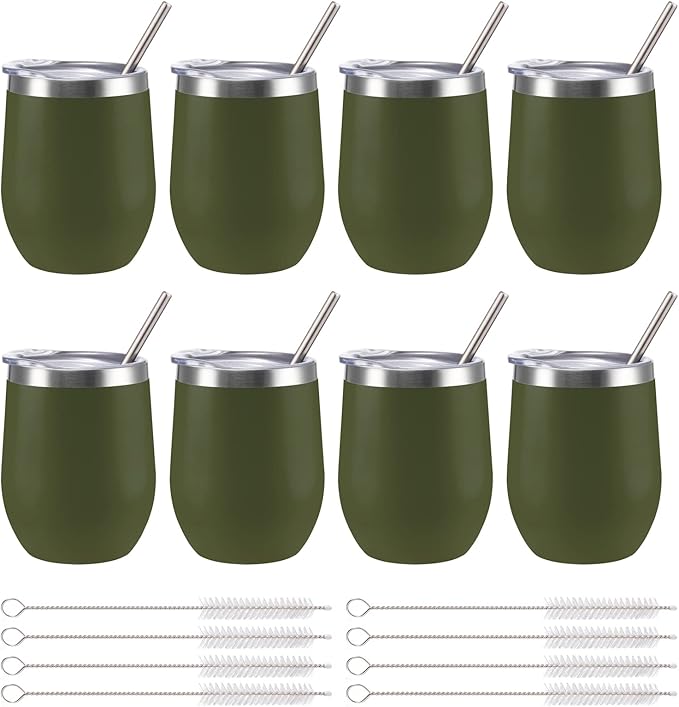 12 oz Insulated Wine Tumbler with Lid and Straw,Stainless Steel Stemless Wine Tumbler Glasses Double Wall Vacuum Wine Cups Tumbler Bulk for Champaign,Cocktail,Office(Navy Green,8) - Bloomnest