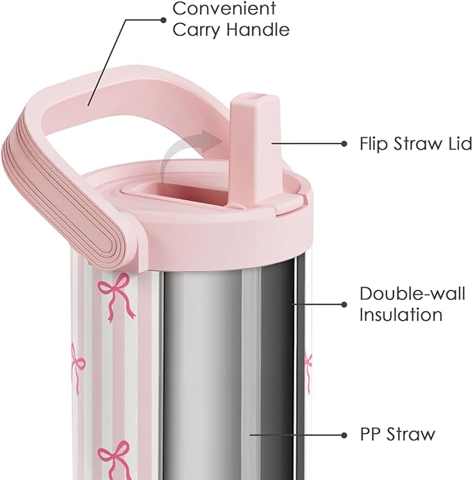 SANDJEST Bow Stainless Steel Straw Lid Tumbler 30oz with Carry Handle for Women Girls, Aesthetic Insulated Travel Coffee Cup, Gift for Sports Workout Christmas Birthday - Bloomnest