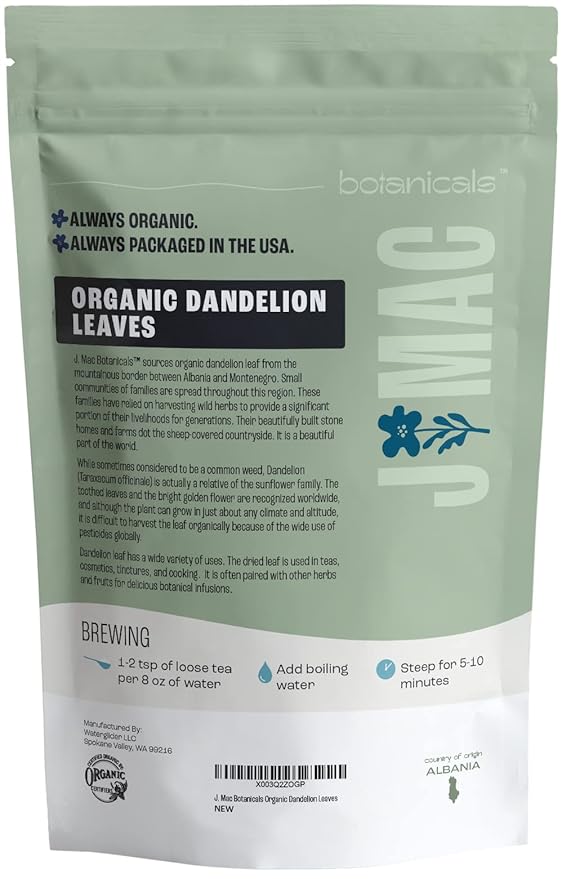 J Mac Botanicals, Organic Dandelion Leaves (4 oz bag) USDA Certified Organic Dandelion leaf tea, te diente de leon organico, Packaged in the USA, Cut and Sifted, No Caffeine - Bloomnest