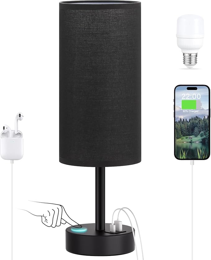 Dicoool Black Touch Bedroom Lamp with USB - 3 Way Dimmable Table Lamp for Bedroom, Nightstand Lamp with Black Charging Station for Desk Dorm, Office, Boy Kids Room, Small - Bloomnest