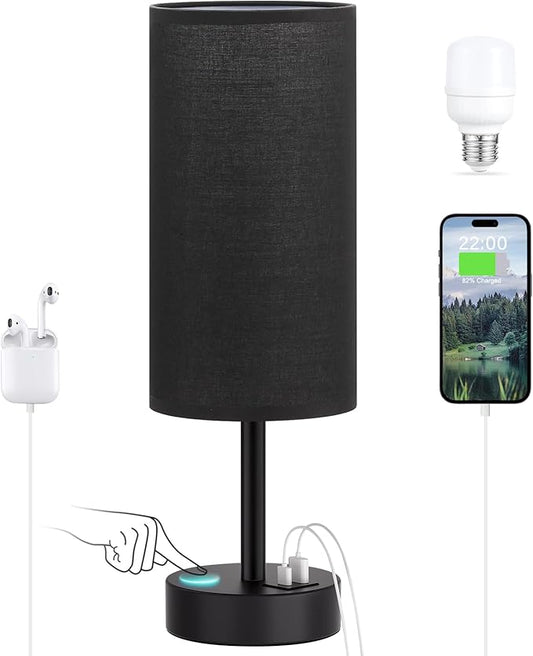 Dicoool Black Touch Bedroom Lamp with USB - 3 Way Dimmable Table Lamp for Bedroom, Nightstand Lamp with Black Charging Station for Desk Dorm, Office, Boy Kids Room, Small - Bloomnest