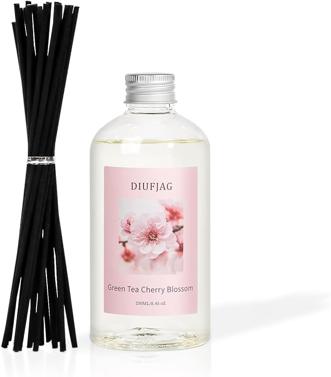 Green Tea Cherry Blossom Diffuser with 20 Black Fiber Sticks, 6.7 oz Diffusers for Home Essentials Bathroom,Last up to 60 Days（200ml - Bloomnest