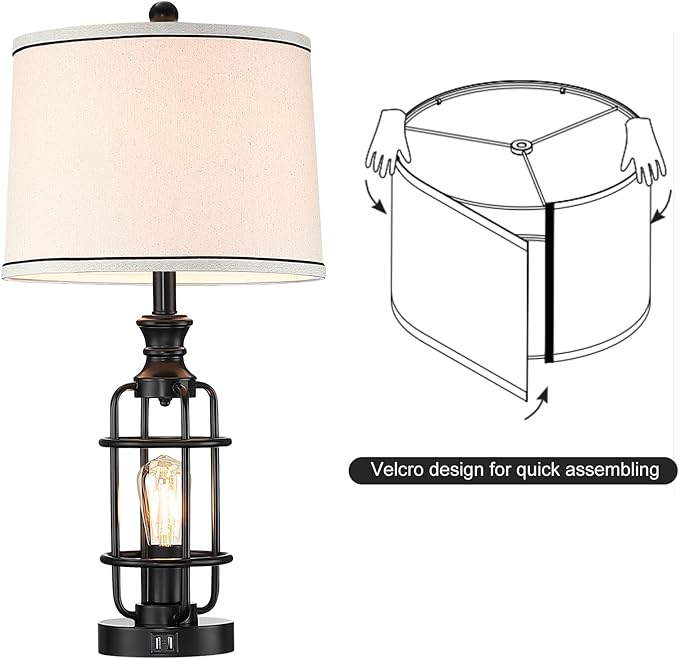 26.3”Table Lamps Set of 2 with USB Charging Ports,Farmhouse Bedside Nightstand Lamp with Rotary Switch,Rustic Reading Lamps Industrial Desk Lamps for Bedroom Living Room,Bulbs Included - Bloomnest