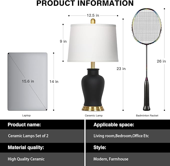 23" Modern Black Ceramic Table Lamps Set of 2, Farmhouse Table Lamps for Living Room, Classic Bedside Lamp with Ginger Jar Design, Elegant Bedroom Lamp for Night stand Desk Side End Table Home Decor - Bloomnest