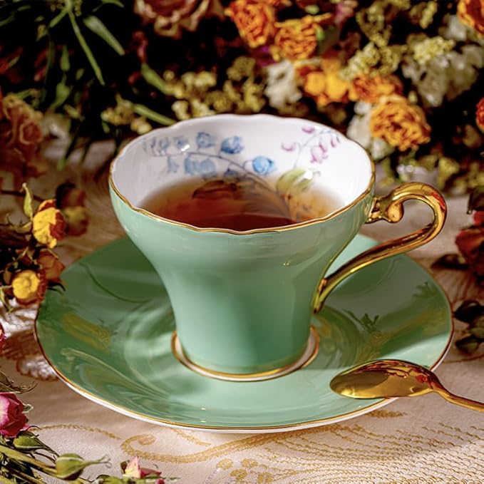 Aynsley Handpainting Colored Glaze Lily of the Valley Corset Fine Bone China English Tea Cup and Saucer Set, 6.1 oz (Green) - Bloomnest