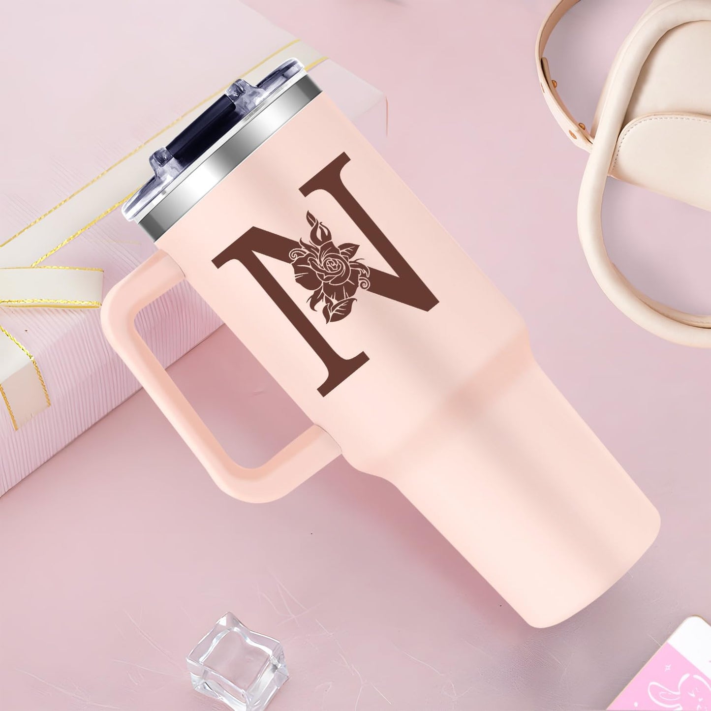 Monogrammed 40oz Tumbler with Handle for Women, Personalized Birthday Gifts for Women,Initial Cups for Woman Pink Letter N,Customized Gifts for Female Lady Gift for Mothers Day Christmas