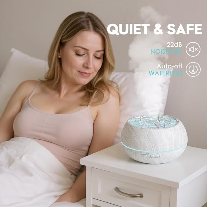 550ml Large Capacity Essential Oil Diffuser 6 Essentil Oil Set Aromatherapy Ultrasonic Air Humidifier with Timer and 7 Color LED Night Light Remote Control Waterless Auto-Off White Wood Grain - Bloomnest