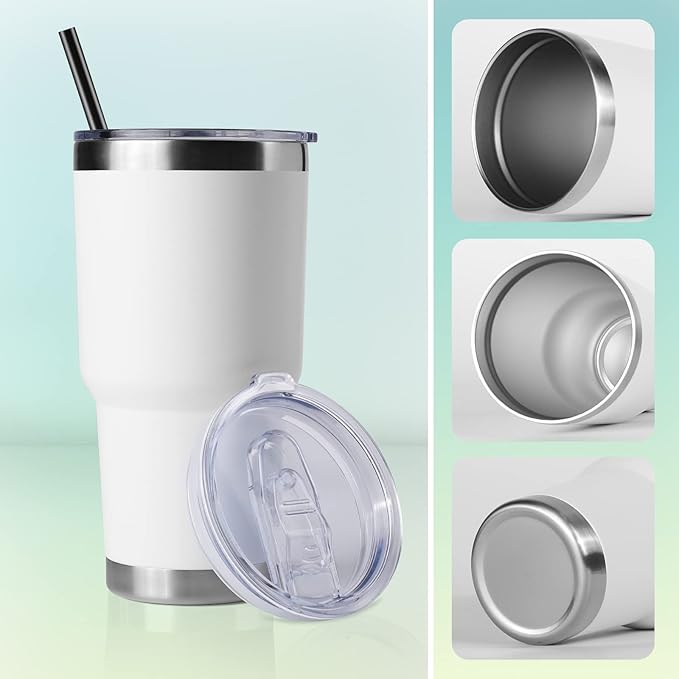 DOMICARE 30 oz Tumbler with Lid and Straw, Stainless Steel Tumblers Bulk, Insulated Vacuum Double Wall Travel Coffee Mug, Durable Powder Coated Tumbler Cups (White, 12) - Bloomnest