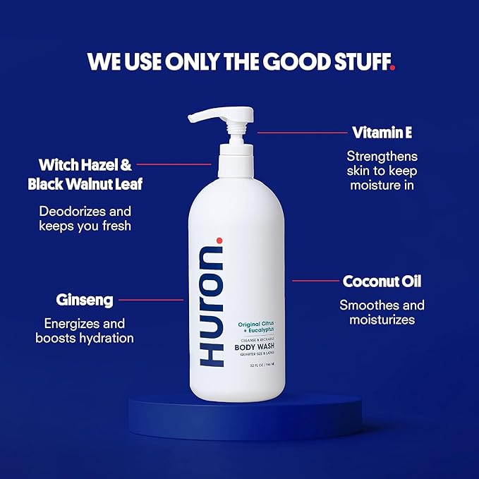 Huron Jumbo Shower Kit - Shampoo, Conditioner, & Body Wash For Men - Citrus + Eucalyptus Scent - Hydrating & Nourishing Men’s Shampoo & Conditioner (30.3 Oz Each) - Bloomnest