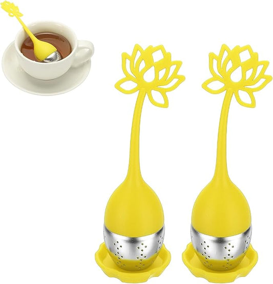 uxcell 2 Pcs Lotus Tea Infuser, Stainless Steel Loose Leaf Tea Steeper Filter with Silicone Handle Reusable Coarse Pores Mesh Strainer Diffuser for Teacups Teapots Mugs, Yellow