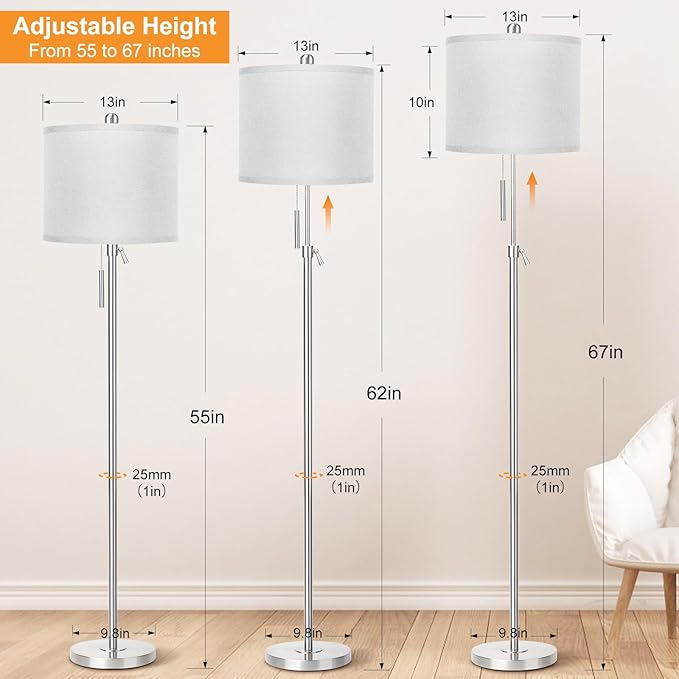Brushed Nickel Floor Lamp for Living Room, Adjustable Height Standing Lamp with Metal Base, Tall Pole Light with Grey Shade for Bedroom, 8W 4000K 3-Way LED Bulb Included (Brushed Nickel, Grey Shade) - Bloomnest