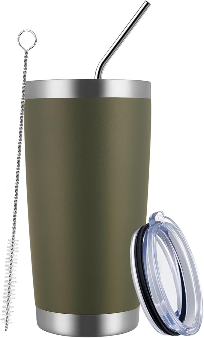 MEWAY 20oz Tumbler Cup Double Wall Vacuum Insulated Travel Mug Bulk, Stainless Steel Tumblers with Lid and Straw, Durable Powder Coated Coffee Cups for Cold & Hot Drinks (Army Green, 1) - Bloomnest