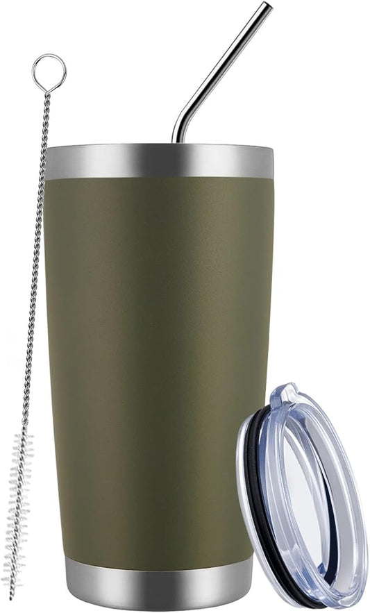 MEWAY 20oz Tumbler Cup Double Wall Vacuum Insulated Travel Mug Bulk, Stainless Steel Tumblers with Lid and Straw, Durable Powder Coated Coffee Cups for Cold & Hot Drinks (Army Green, 1) - Bloomnest
