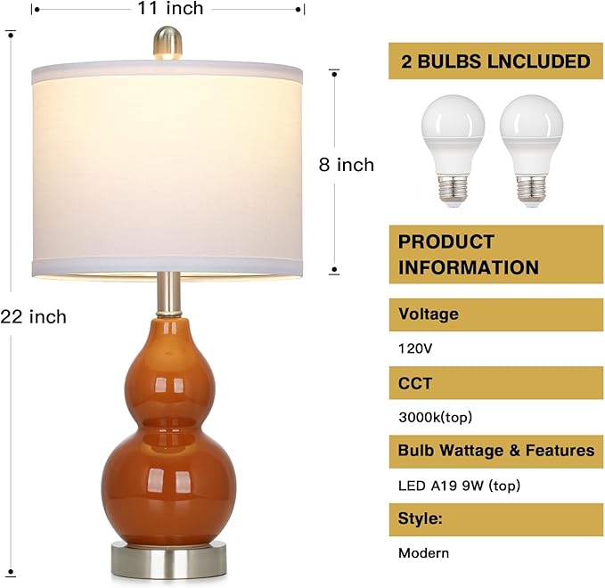 Double Gourd Ceramic Table Lamps Set of 2, Modern Red Bedside Lamps for Night Stand, Contemporary Nightstand Lamps for Bedroom Living Room (Bulb Included) - Bloomnest
