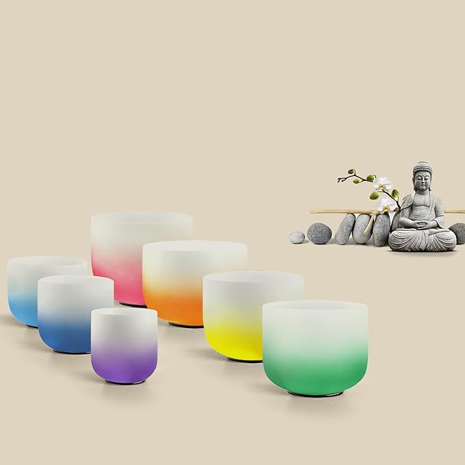 Ryan Dvan 432Hz 7"-12" Set of 7 Crystal Singing Bowl Set – Gradient Color Quartz Bowls for Chakra Healing, Meditation, Sound Bath & Yoga.Sound Therapy Tools with Suede Mallets & O-Rings. - Bloomnest
