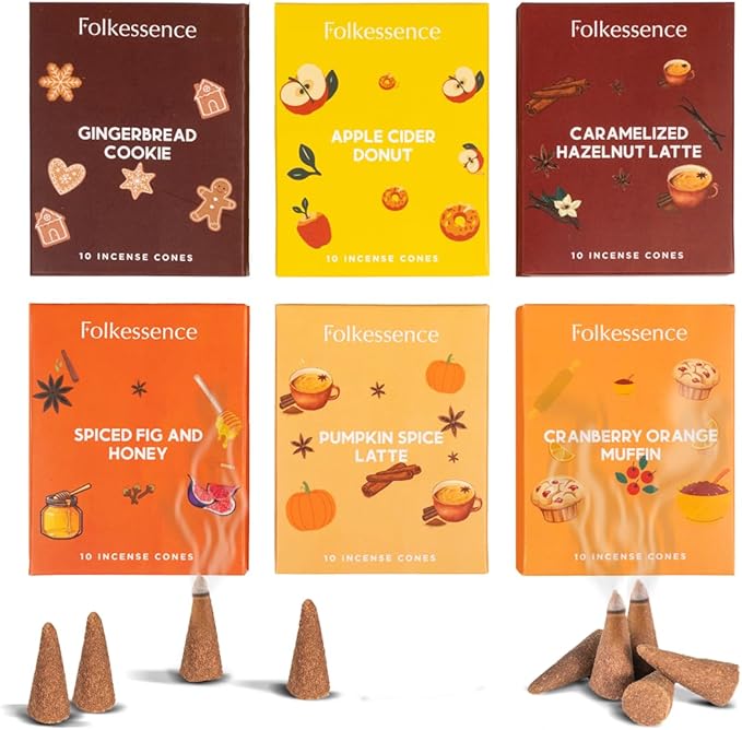 Folkulture Incense Cone Scented | Set of 6 (60) Fall Incense Cones for Relaxation | Pumpkin Spice Inscents or Gingerbread Fall Scents | Inscent Cone Variety Pack for Fall Essentials