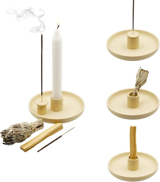 4 in 1 Incense Burner Holder - Multi-Purpose Ceramic Incense Stick Holder, Palo Santo Holder for Clean Burning, Sage Meditation Burner Set, Candle Holder for Aromatherapy (Matte Beige) - Bloomnest