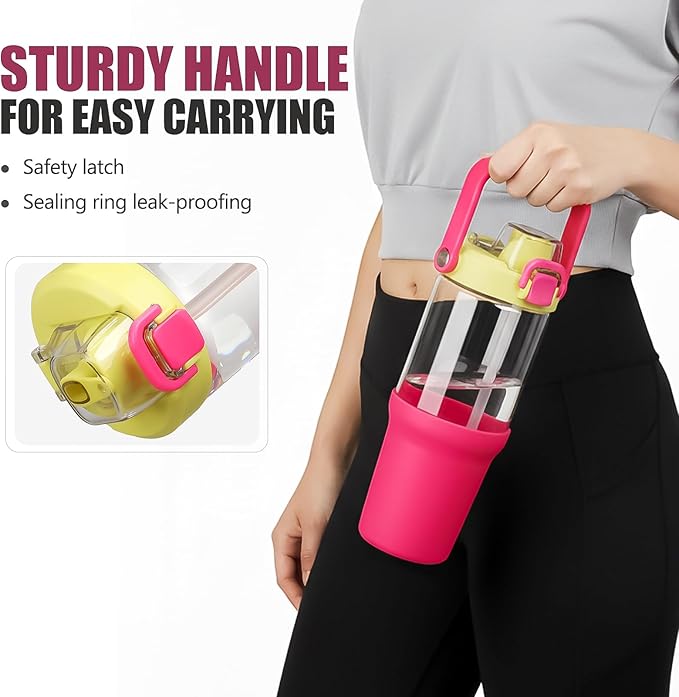 Glass Tumbler with Carry Handle, Clear Glass Water Bottle with Leakproof Lid, Spout Lid&Straw, BPA-Free, 32 oz, Bright Pink - Bloomnest