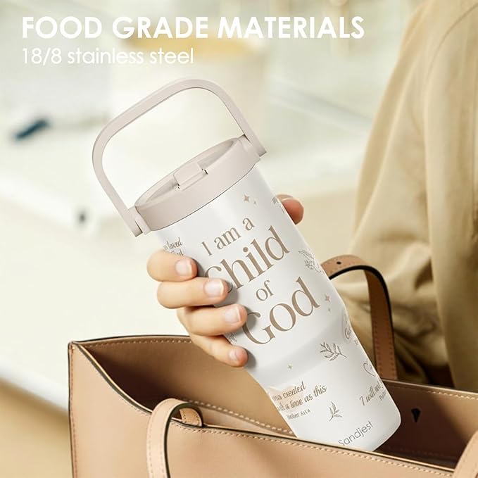 SANDJEST Christian Stainless Steel Straw Lid Tumbler 30oz with Carry Handle for Women Girls, Child of God Insulated Travel Coffee Cup, Gift for Sports Outdoor Workout Christmas Birthday - Bloomnest