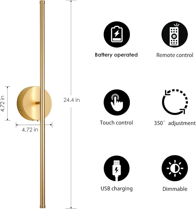 Battery Operated Wall Sconces, Dimmable Wall Sconces Set of Two, 350°Rotate, 3000K LED Gold Wireless Wall Light for Living Room, Bedroom, Hallway, 24.4 Inch (2 Pack) - Bloomnest
