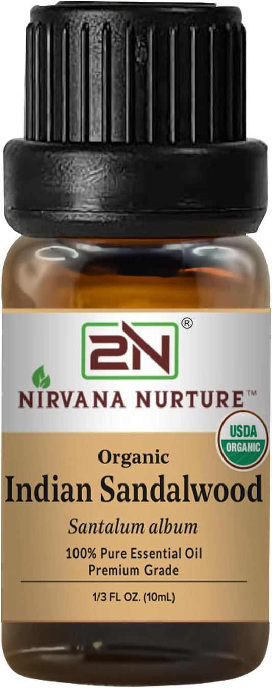 Indian Sandalwood Essential Oil, USDA Certified Organic, 100% Pure Undiluted, Aromatherapy Oil for Diffuser, Hair & Skin Care NirvanaNurture