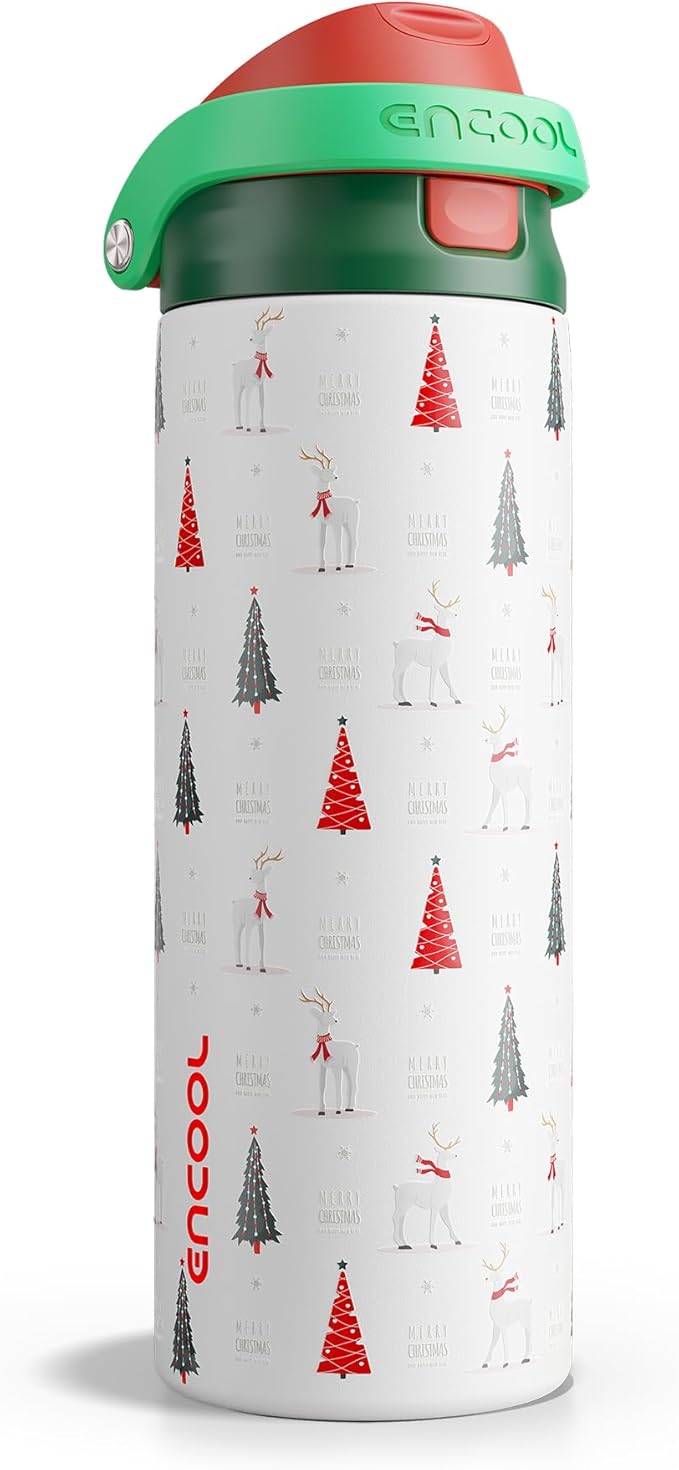 ENCOOL Christmas SwiftSip Insulated Water Bottle with Straw, Stainless Steel Water Bottle, Leak Proof BPA-Free, Keeps Cold for 24 Hours for Sports, Christmas Holiday Gifts for Women, 24oz, Nordic Noel ENCOOL