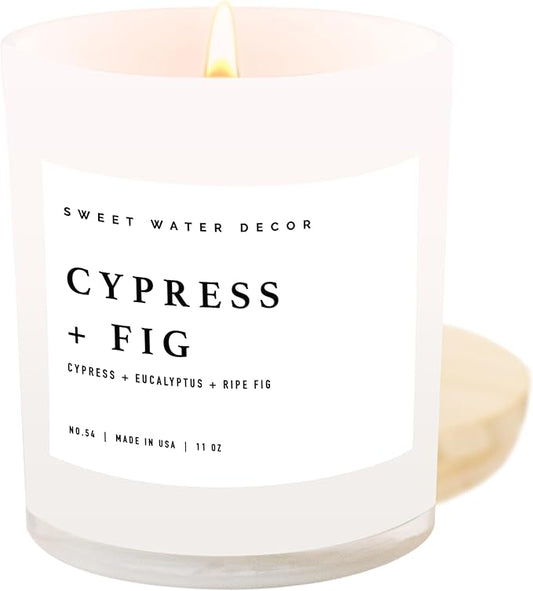 Sweet Water Decor Cypress and Fig Soy Candle | Tropical fruits, Wild Raspberry, Ripe Fig and Eucalyptus Holiday Scented Candles for Home | 11oz White Jar + Wood Lid, 50+ Hour Burn Time Made in the USA - Bloomnest
