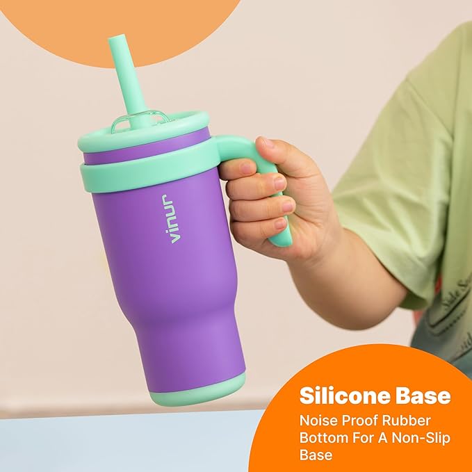 VINUR 14 oz Kids Tumbler with Handle Stainless Steel Double Wall Vacuum Insulated Tumbler Travel Water Drink Cup with Lid and Straw(Rose Pink) - Bloomnest