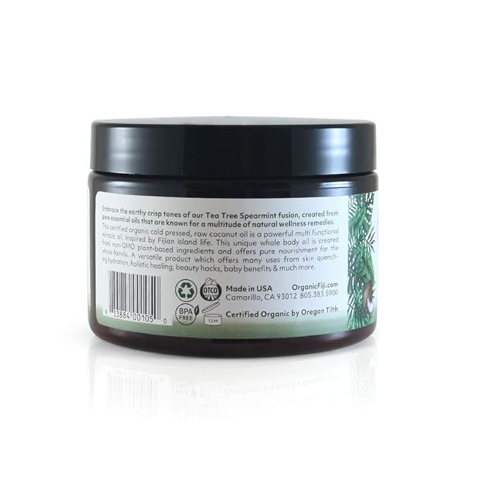 Organic Fiji Raw Cold Pressed Coconut Oil for Hair, Skin, Face & Body | Relaxing Massage Oil | Tea Tree Spearmint,12 oz for Women Men & Baby - Bloomnest