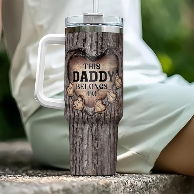 This Daddy Belongs To Personalized Tumbler with Handle, Custom Names Carved Wood Heart 20oz 30oz Stainless Steel Insulated Travel Mug Gift for Dad - Bloomnest