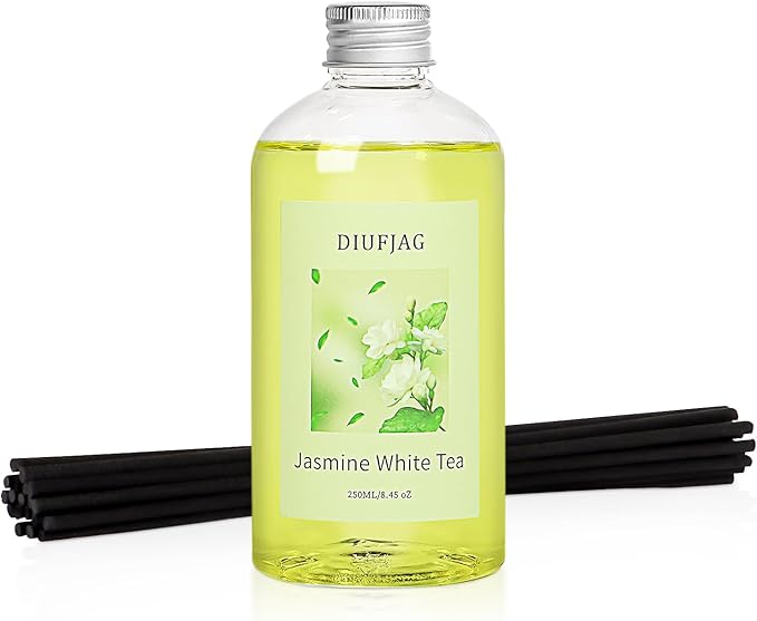 Jasmine White Tea Diffuser with 20 Black Fiber Sticks, 200ml for Diffusers for Home Essentials Bathroom,Last up to 60 Days - Bloomnest