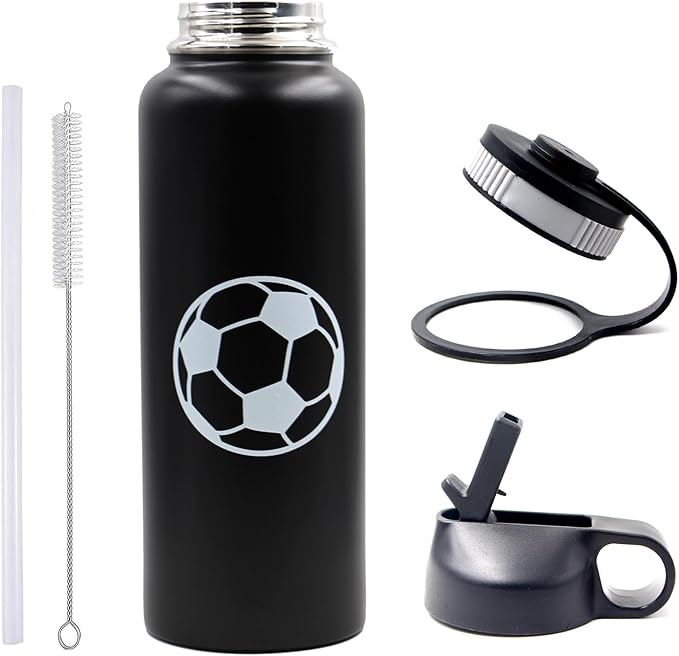 40 oz Soccer Water Bottle with Straw, Wide Mouth Sports Flask Metal Travel Tumbler with 2 Lids, Stainless Steel Double Wall Vacuum Insulated Leak Proof Thermo Water Jug, Soccer Gifts for Boys Girls - Bloomnest