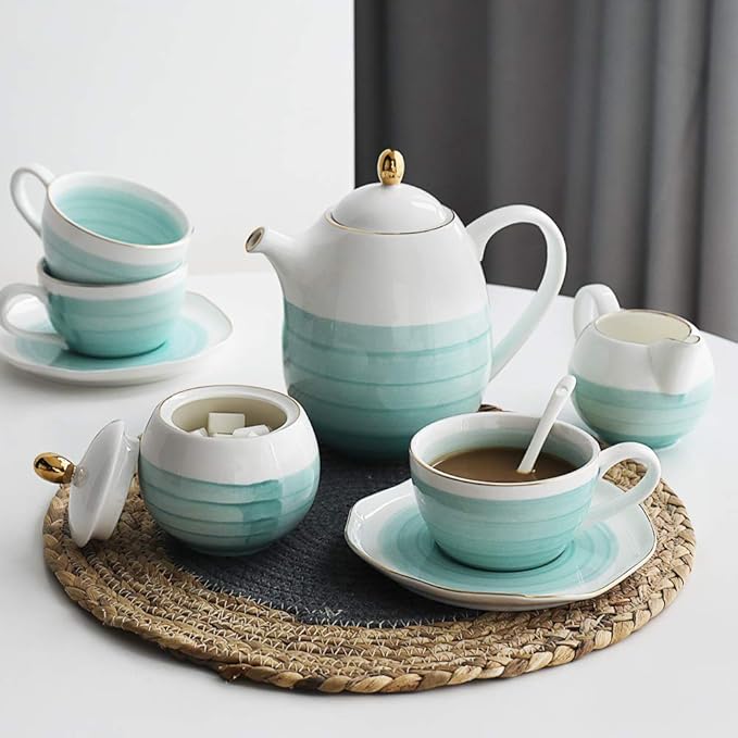 Sweejar Porcelain Tea Set, 8 OZ Capacity, Modern Style, Blue Color, Nature Pattern, 16 Piece Tea Service for 4, Includes Teapot, Sugar Bowl, Cream Pitcher, Teaspoons and Tea Strainer - Bloomnest