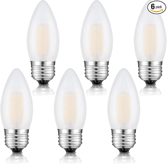 Dimmable 60 Watt Equivalent B11 LED Filament Bulb E26 Candelabra Medium Base 2700K Warm White, Chandelier Decorative Candle Light Bulbs, 6W E26 Frosted Glass LED Edison Bulbs, Pack of 6 - Bloomnest