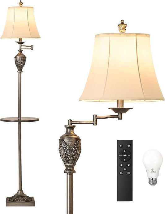 Traditional LED Floor Lamp with 350° Adjustable Swing Arm Lamp – Vintage Standing Pole lamp for Living Room, Bedroom and Office – Rustic Upright Floor Light for Home Décor with Silk Fabric Shade - Bloomnest