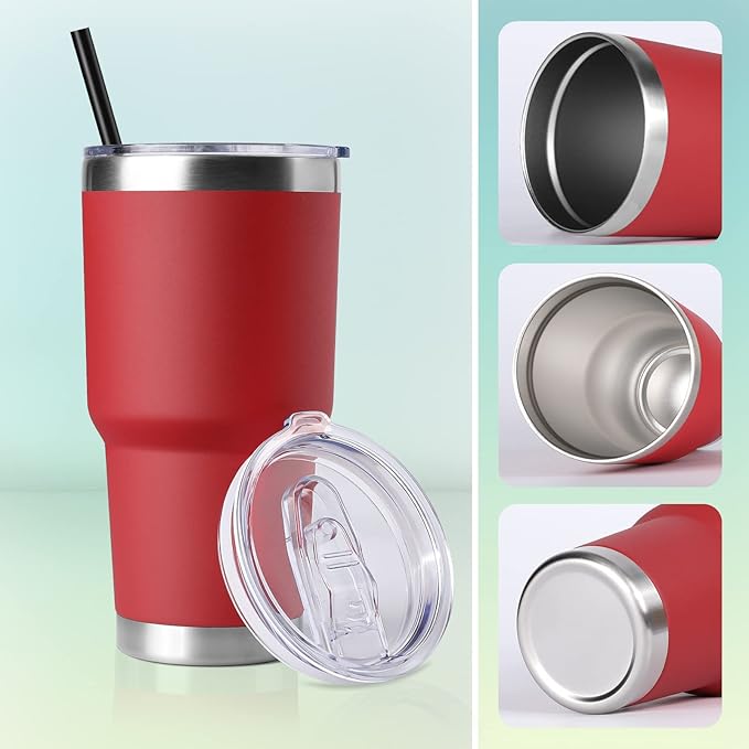 DOMICARE 30 oz Tumbler with Lid and Straw, Stainless Steel Tumblers Bulk, Insulated Vacuum Double Wall Travel Coffee Mug, Durable Powder Coated Tumbler Cups (Red, 4) - Bloomnest