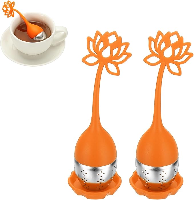 uxcell 2 Pcs Lotus Tea Infuser, Stainless Steel Loose Leaf Tea Steeper Filter with Silicone Handle Reusable Coarse Pores Mesh Strainer Diffuser for Teacups Teapots Mugs, Orange - Bloomnest