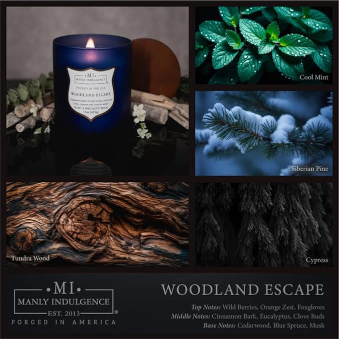 Manly Indulgence Woodland Escape Scented Candles for Men, 15 oz Wooden Wick, Premium Soy Blend Wax, 60H Burn, Candles for Home Scented - Made in The USA - Bloomnest