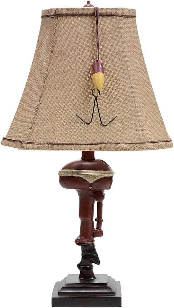BLACK FOREST DECOR Outboard Accent Table Lamp – Rustic Boat Motor Fishing Lamp with Linen Shade – 11" W x 8.2" D x 20" H - Bloomnest